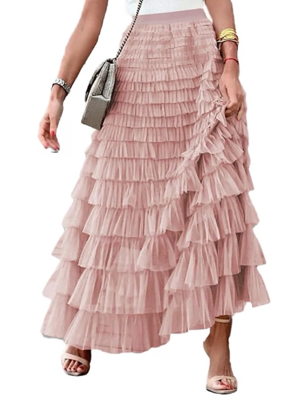 Tana Tulle Pleated Tiered Maxi Skirt - Blush Pink Size Medium - Picture 3 of 12